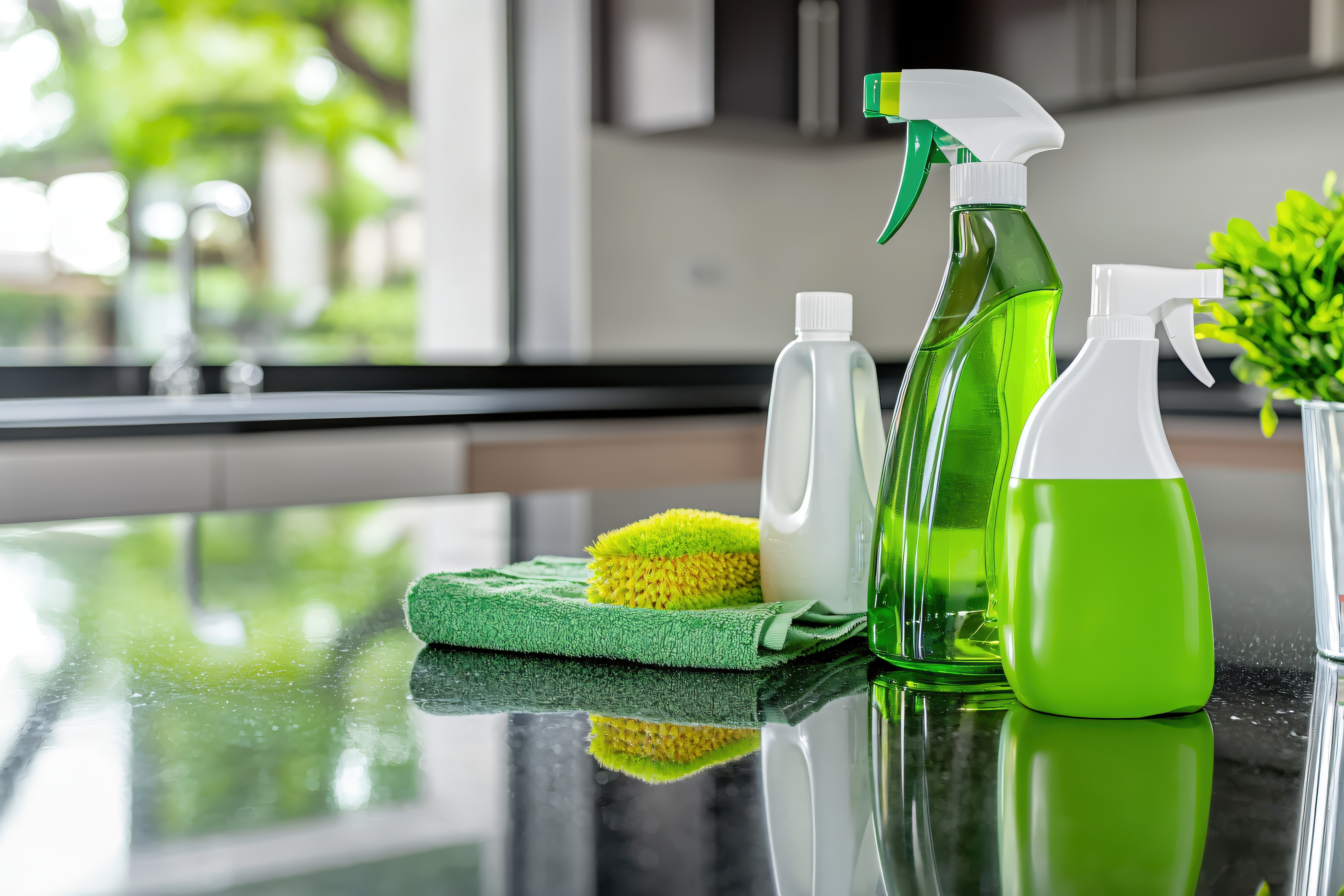Fresh cleaning products and tools arranged for a professional clean