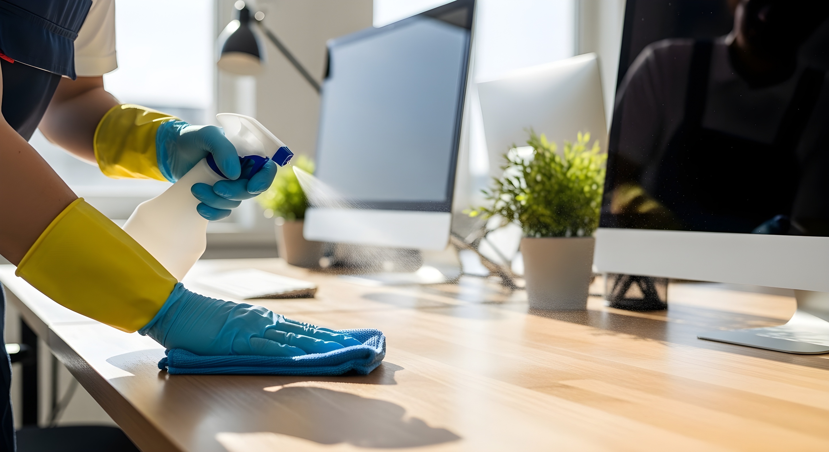 Cleaner using professional supplies in a commercial space