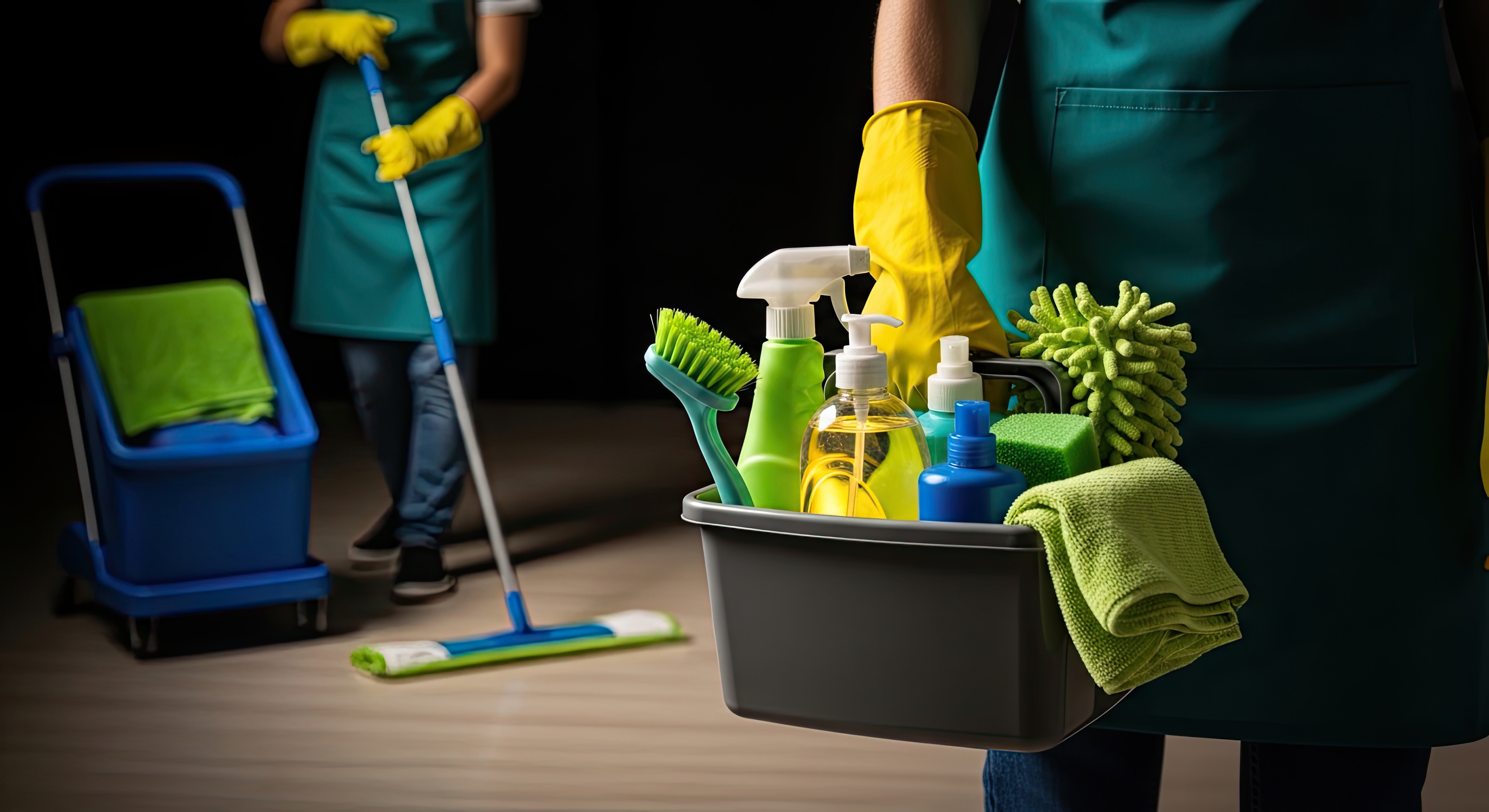 Cleaning supplies staged for professional janitorial service