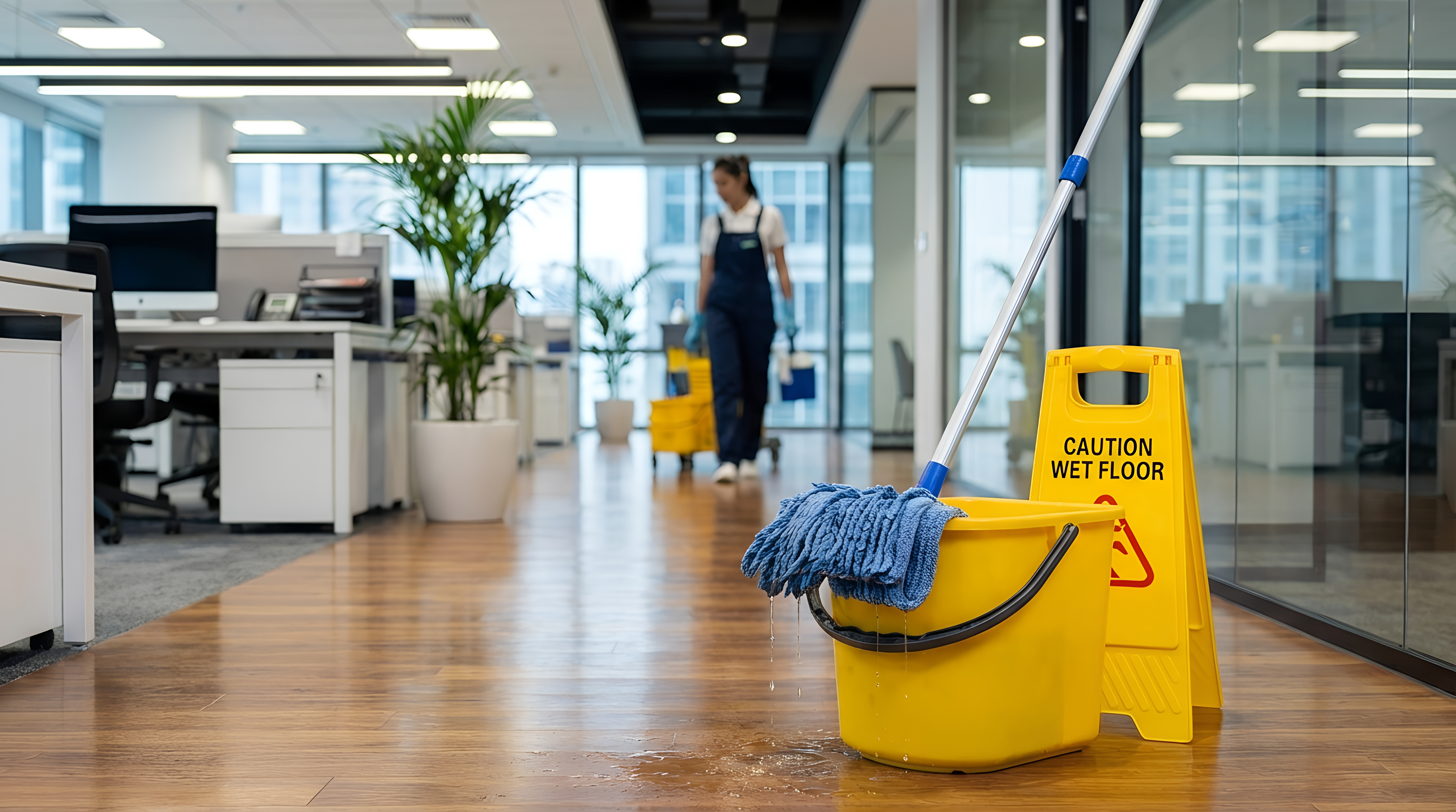 Professional cleaner wiping a bright office surface