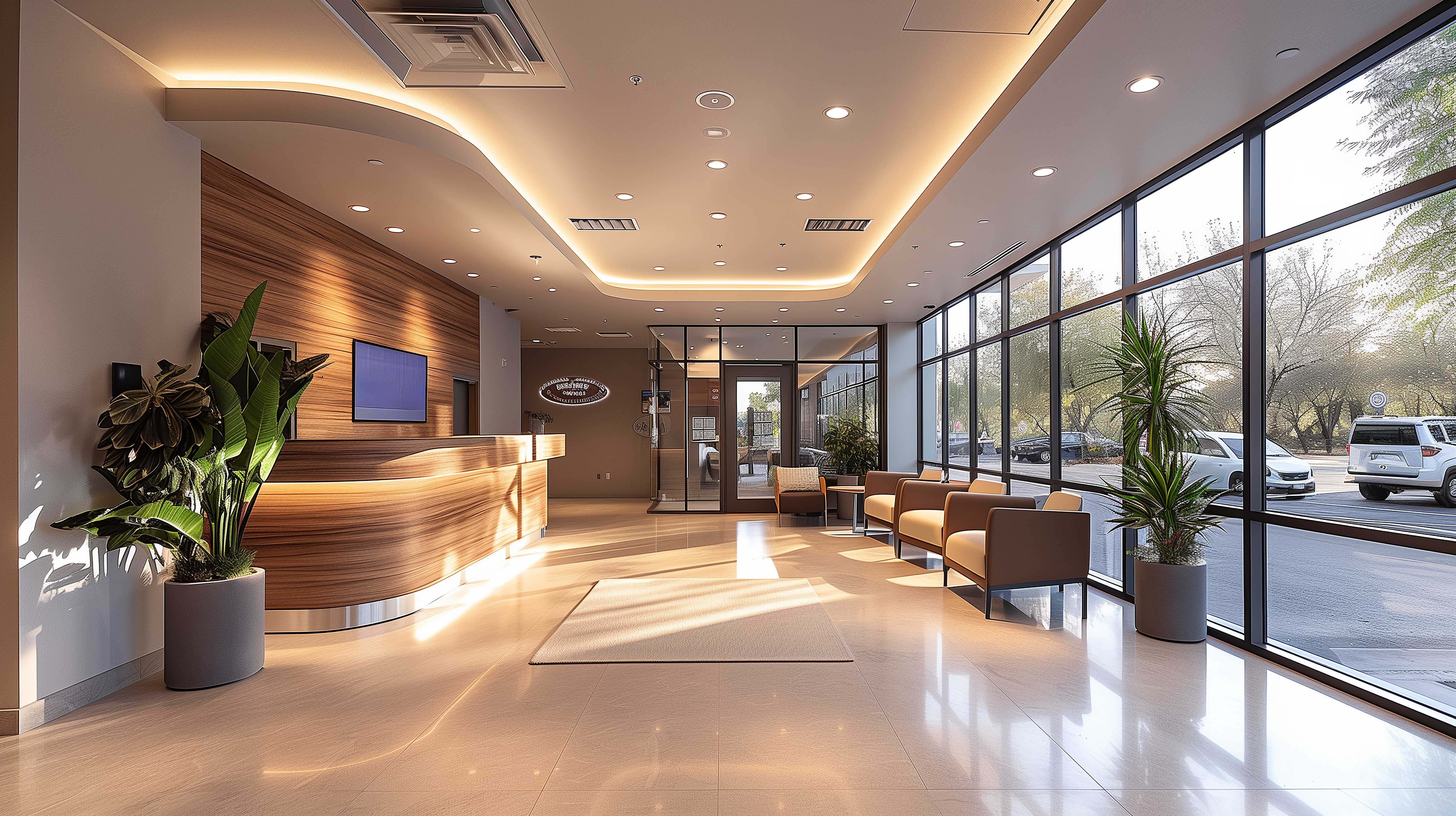 Bright clean lobby and hallway area ready for visitors